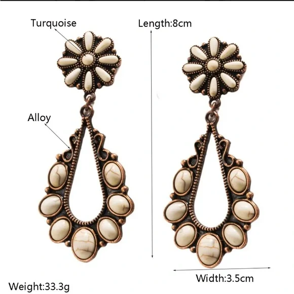 Elegant Copper and Cream Floral Drop Earrings December Birthstone Turquoise - Picture 2 of 2